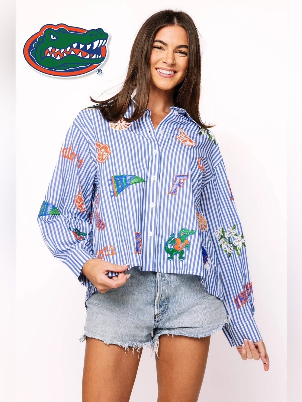 Queen of Sparkles Florida Gators Sequin Striped Button Down Shirt XL Game Day